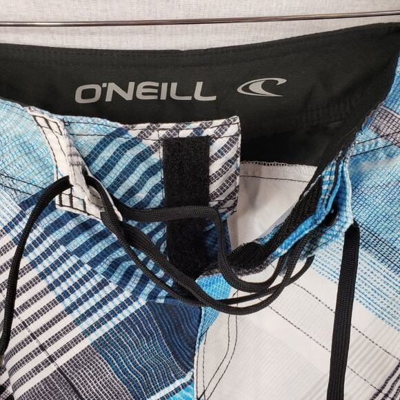 O'neill Board Shorts Men 33 Blue, Black, White Plaid w/ Side Zip Pocket - Picture 5 of 8
